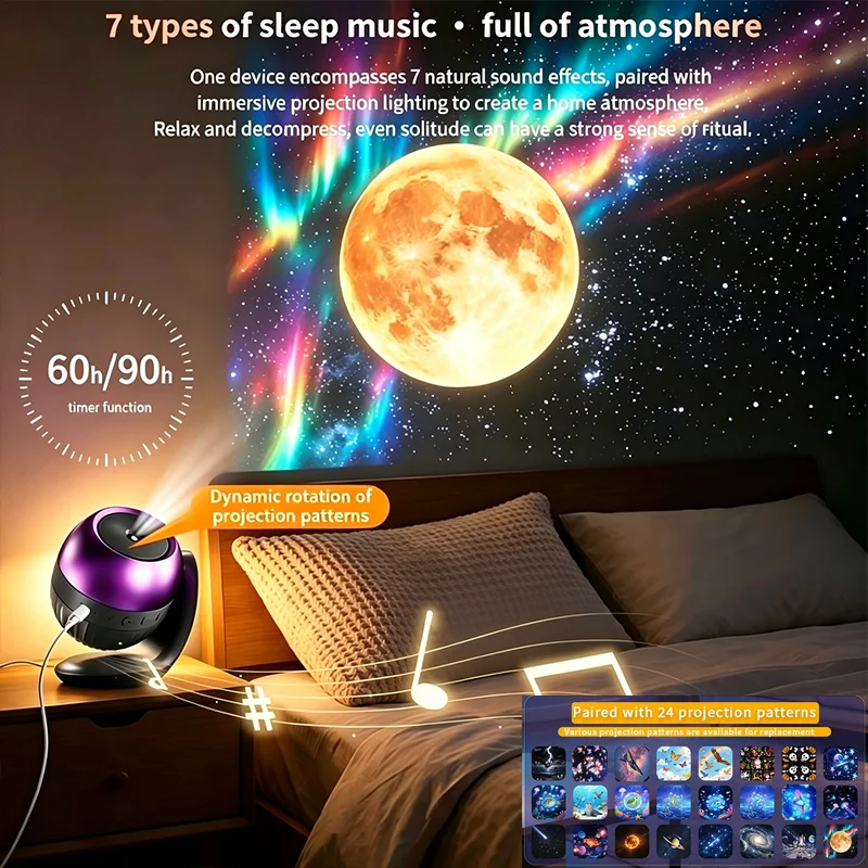 24-in-1 Star Ocean Projector With Sound Effects Timeable 360° Rotation Nightlight Led Living Room Bedroom Atmosphere Lamp