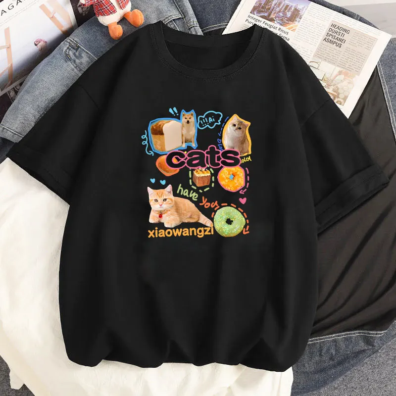 Cartoon Short sleeved Clothing Women's T-shirt Y2k Cute Cat Graphic Tops Puppy Print Dog Kitten Pullover Shirt Girls Streetwear
