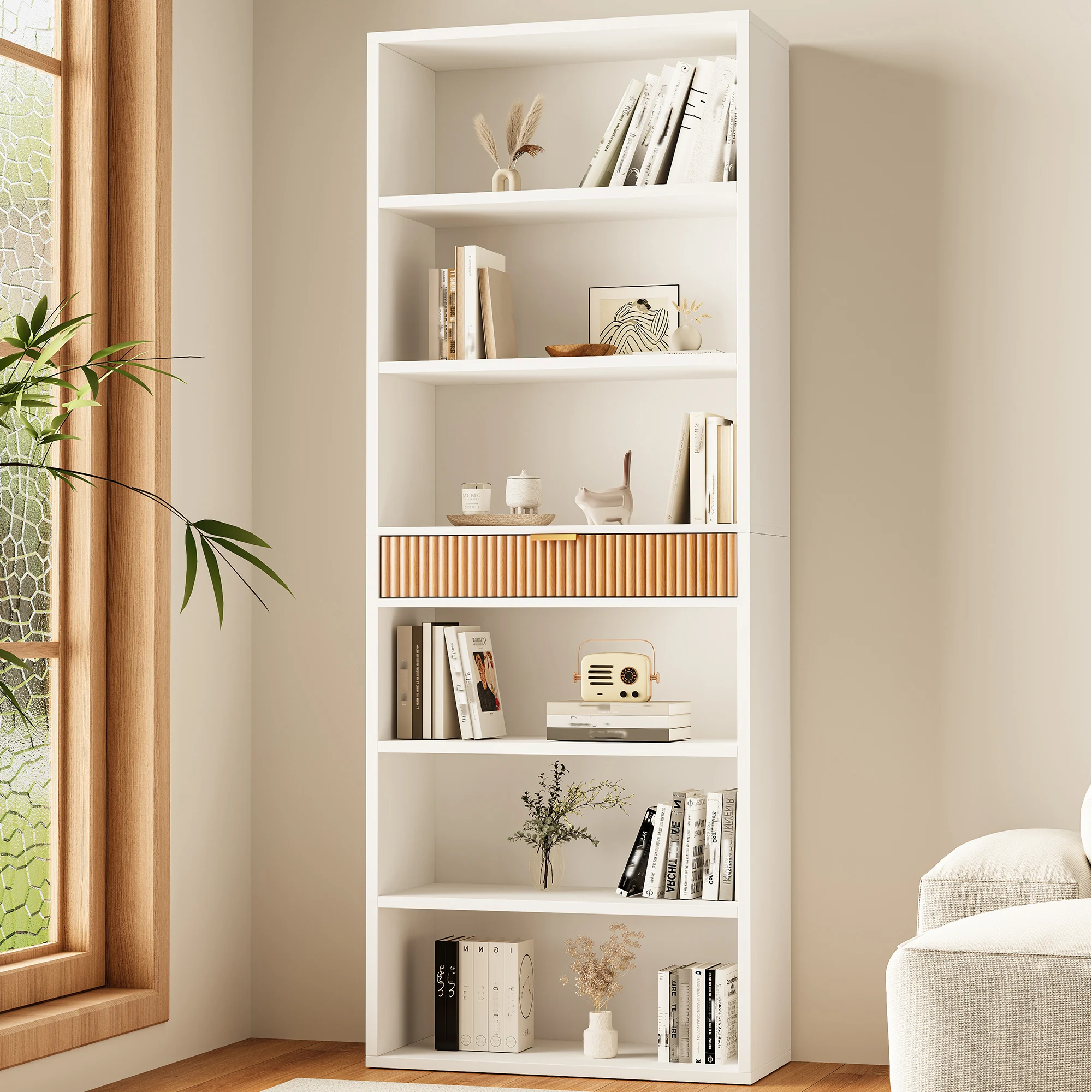 

72" Tall Bookshelf with Fluted Drawer, 6-Tier Modern Bookcase and Storage Drawer, Display Shelves with Anti-Tip Kit for Living R