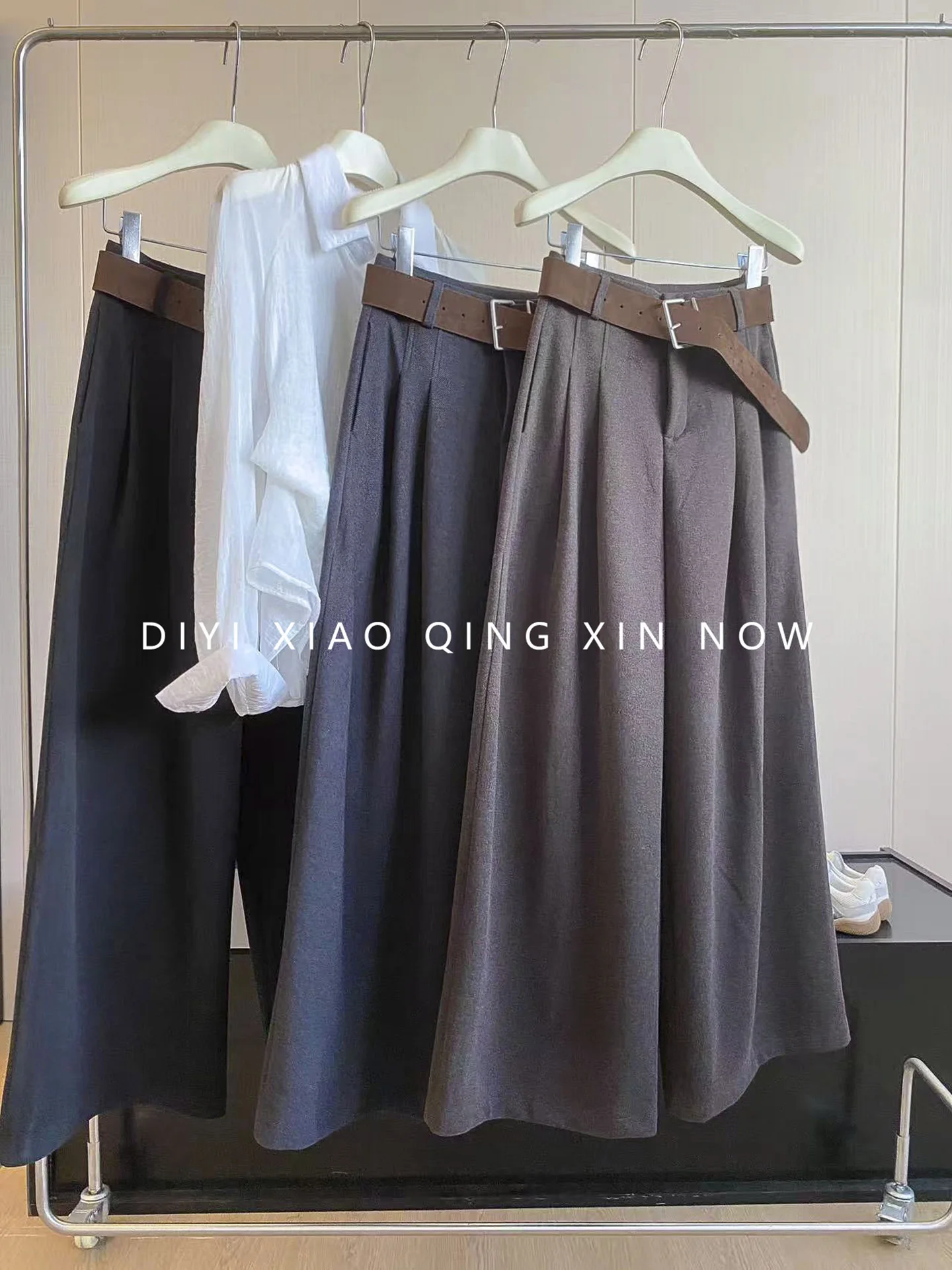 DIYI Commuter High Waist Wide Leg Pants Women's Grey Casual Autumn Winter New Style Polyester Fiber Slimming Trousers