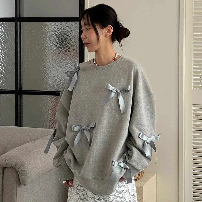 

TARUXY Casual Bows Patchwork Sweatshirts Women's Loose Long Sleeve Fashion O Neck Top Solid Pullover Autunmn Winter New 2024