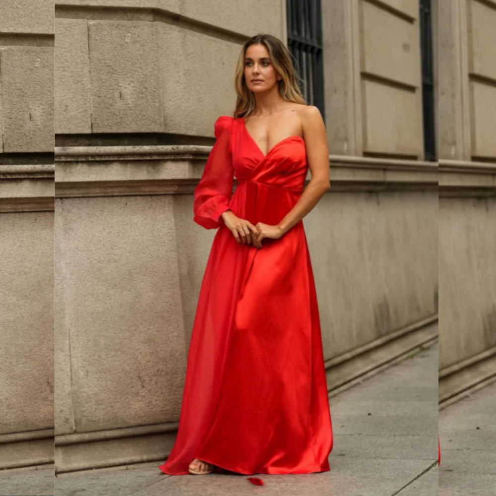 Customized One-shoulder A-line Floor length Prom Gowns V-neck Satin red Evening Dresses Draped Party Dresses