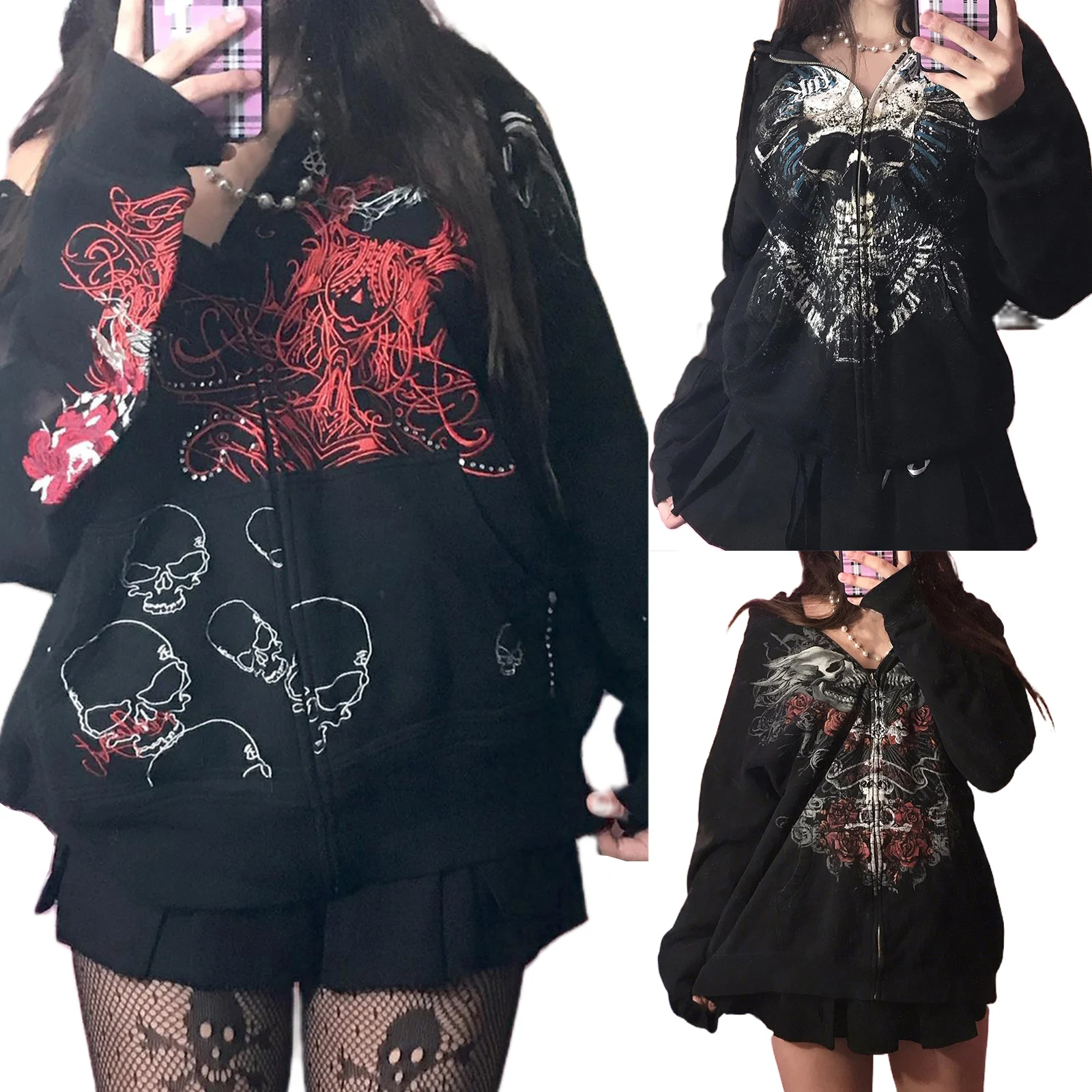 Women Zip Up Hoodie Vintage Graphic Oversized Hooded Sweatshirt Jacket Grunge Fairycore Coats Cardigan Harajuku Streetwear