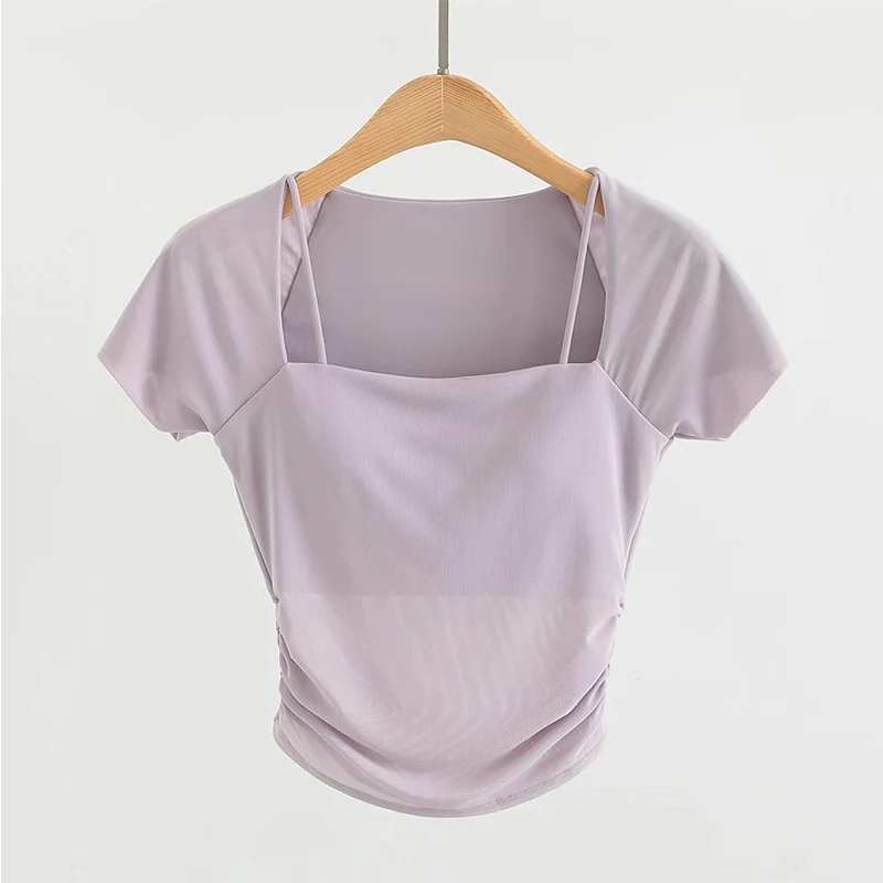 Gepolsterte Yoga-Shirts für Damen, Kurzarm-Sport-Crop-Top, Fitness-Workout-T-Shirt, Sexy Cropped-Lauf-Tights, Gym-Bekleidung – Detail 7