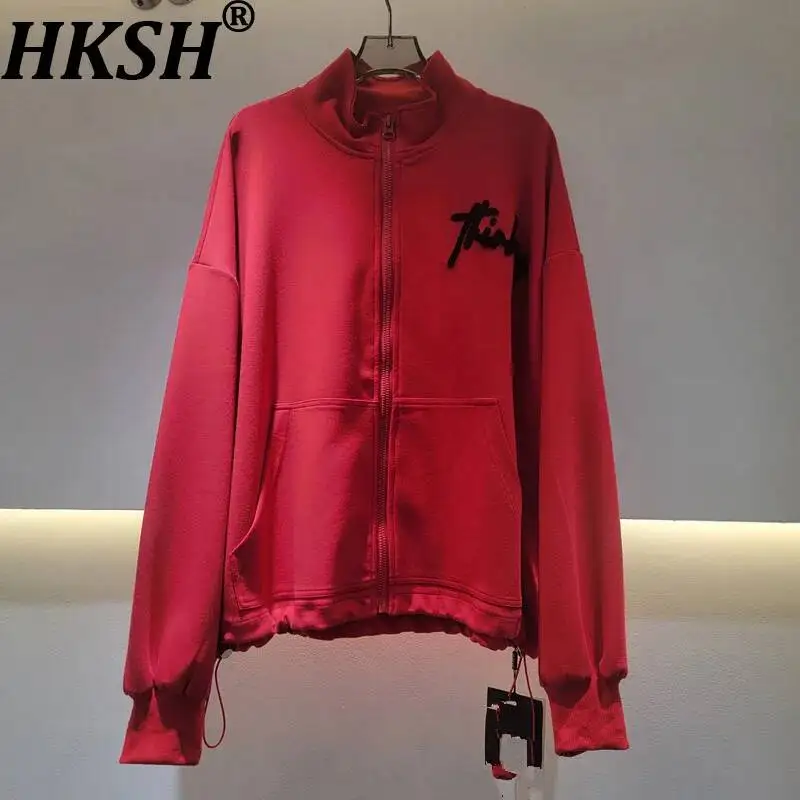 HKSH Women Coat Korean Style Letter Embroidered Large Pockets Zipper Design Loose Casual Stand Collar Long Sleeve Jacket HK25875