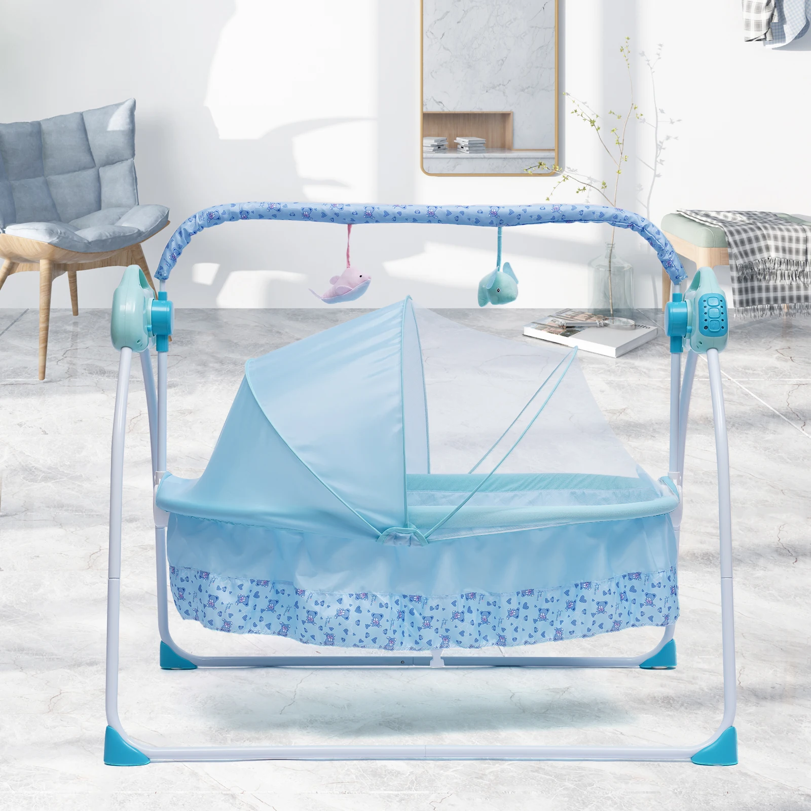 Babyschaukel, elektrische Babywiege mit 5-Gang-Deluxe-Babyschaukel mit Musik, zusammenklappbare Babyschaukel, elektrische Fernbedienung, Timing