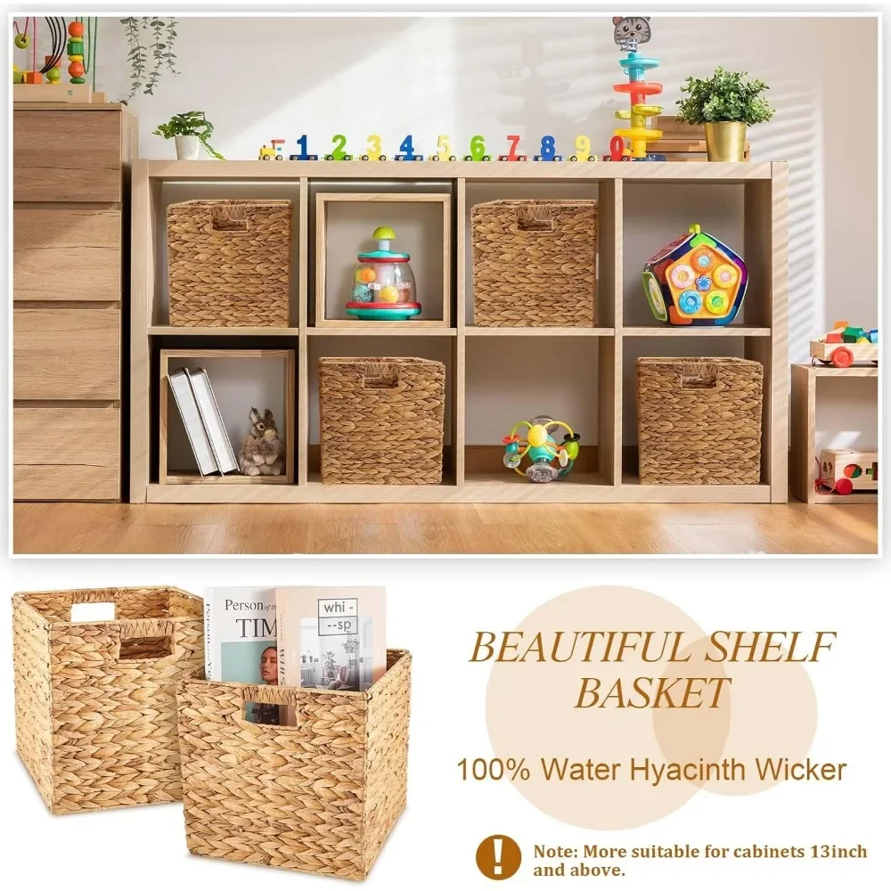 12 Pcs Wicker Storage Basket Bulk Handwoven Water Hyacinth Storage Baskets Cube Storage Bin with Handles Woven Baskets Laundry