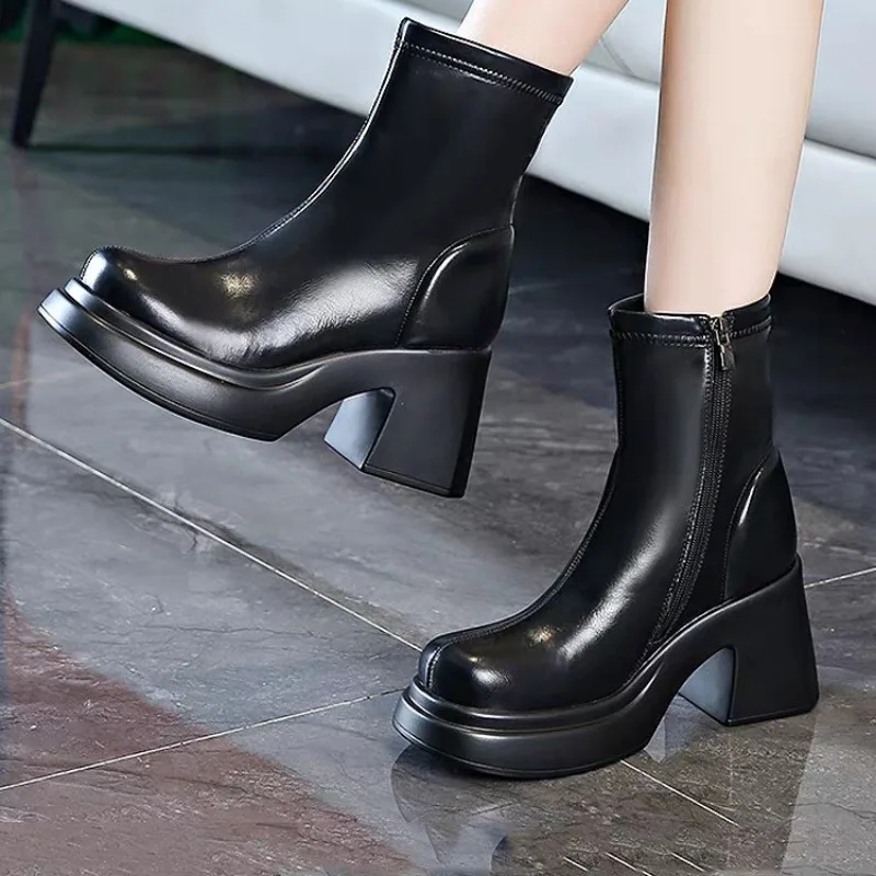 PU Leather Chunky Platform Ankle Boots Women Back Zipper Thick Heeled Short Boots Woman Super High Heels Black Punk Shoes Ladies