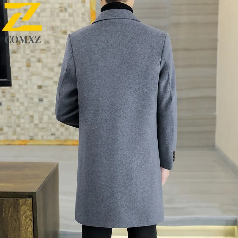 COMXZ Mens Business Wool Trench Coat Autumn Winter Cotton Warm Long Cashmere Wool waterproof windproof lightweight windbreaker