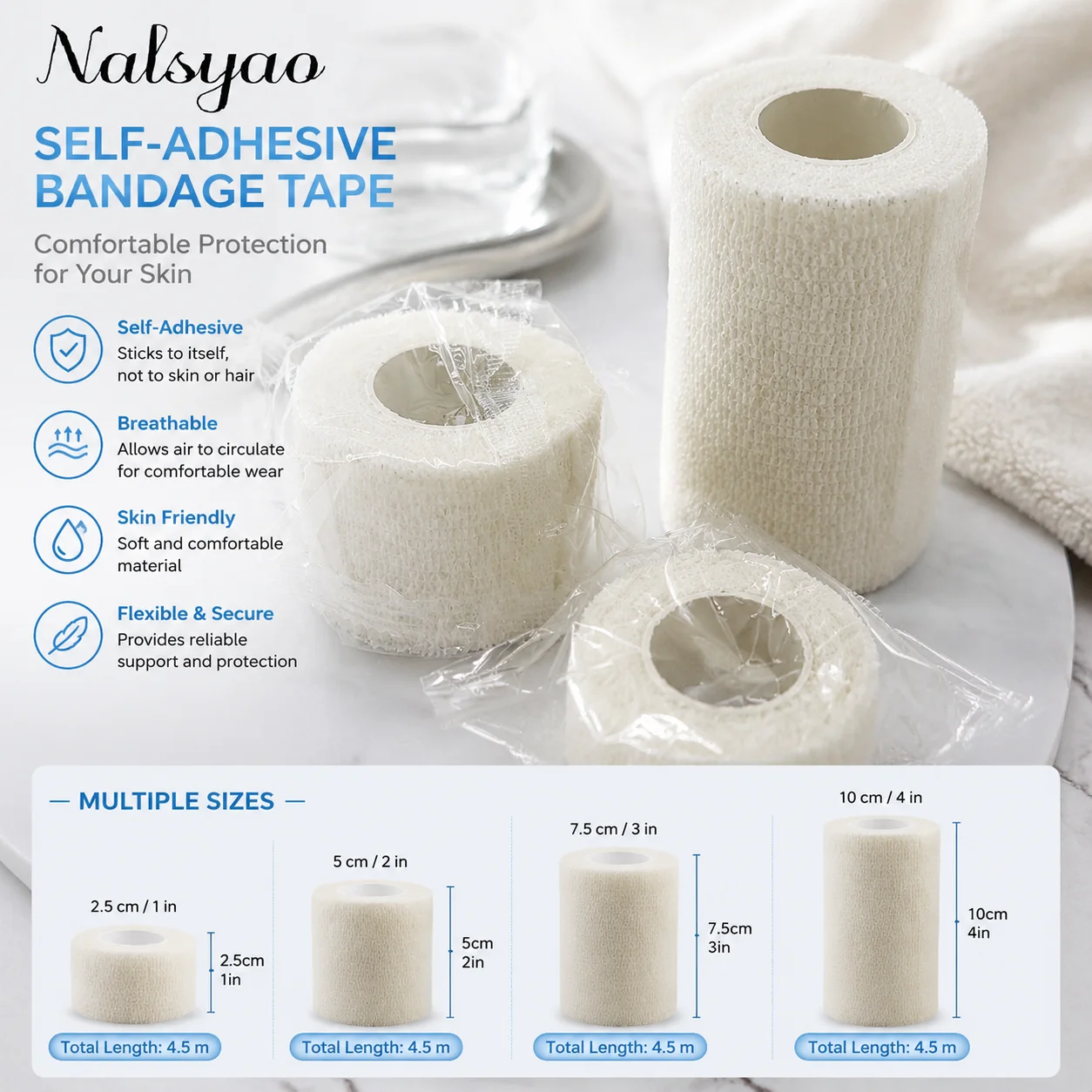 White 5 Pcs 2.5/5/7.5/10cm Self Adhesive Elastic Bandage Cohesive Non-woven Wraps Tape Disposable for Sports Fixing Finger Wrist