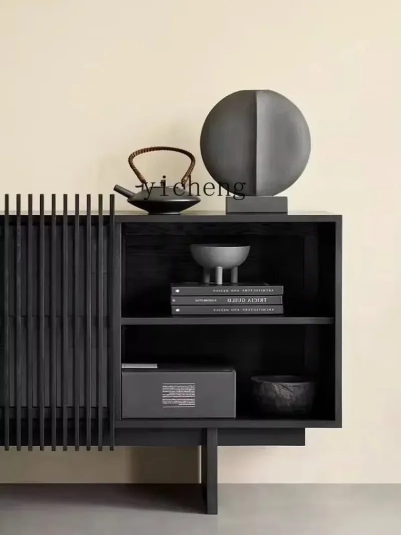 1-D29 Light French Black Solid Wood Dining Side Cabinet Retro Foyer Entrance Cabinet Wall Decorative Cabinet