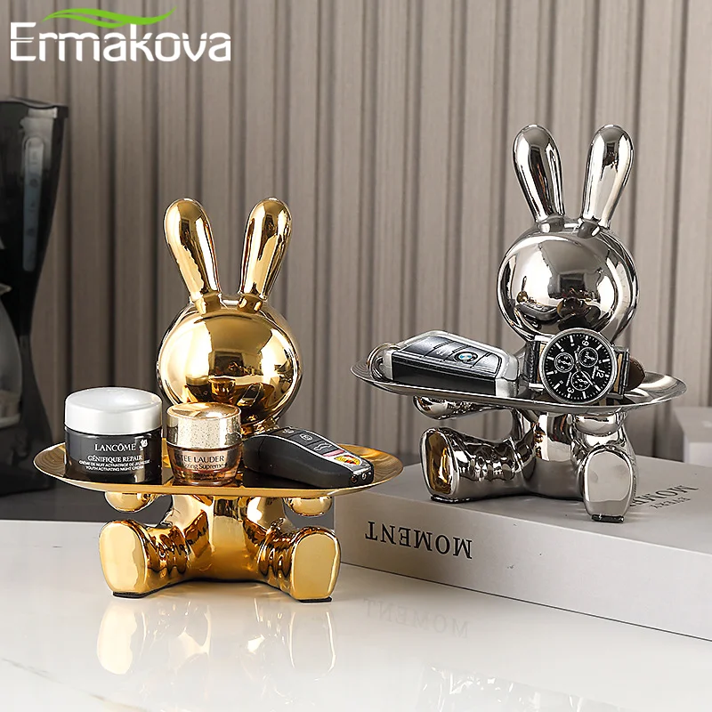 ERMAKOVA  Sculpture Resin Colorful Plating Rabbit Storage Box Home Living Room Storage Tray Decorative Statue Bunny Ornament