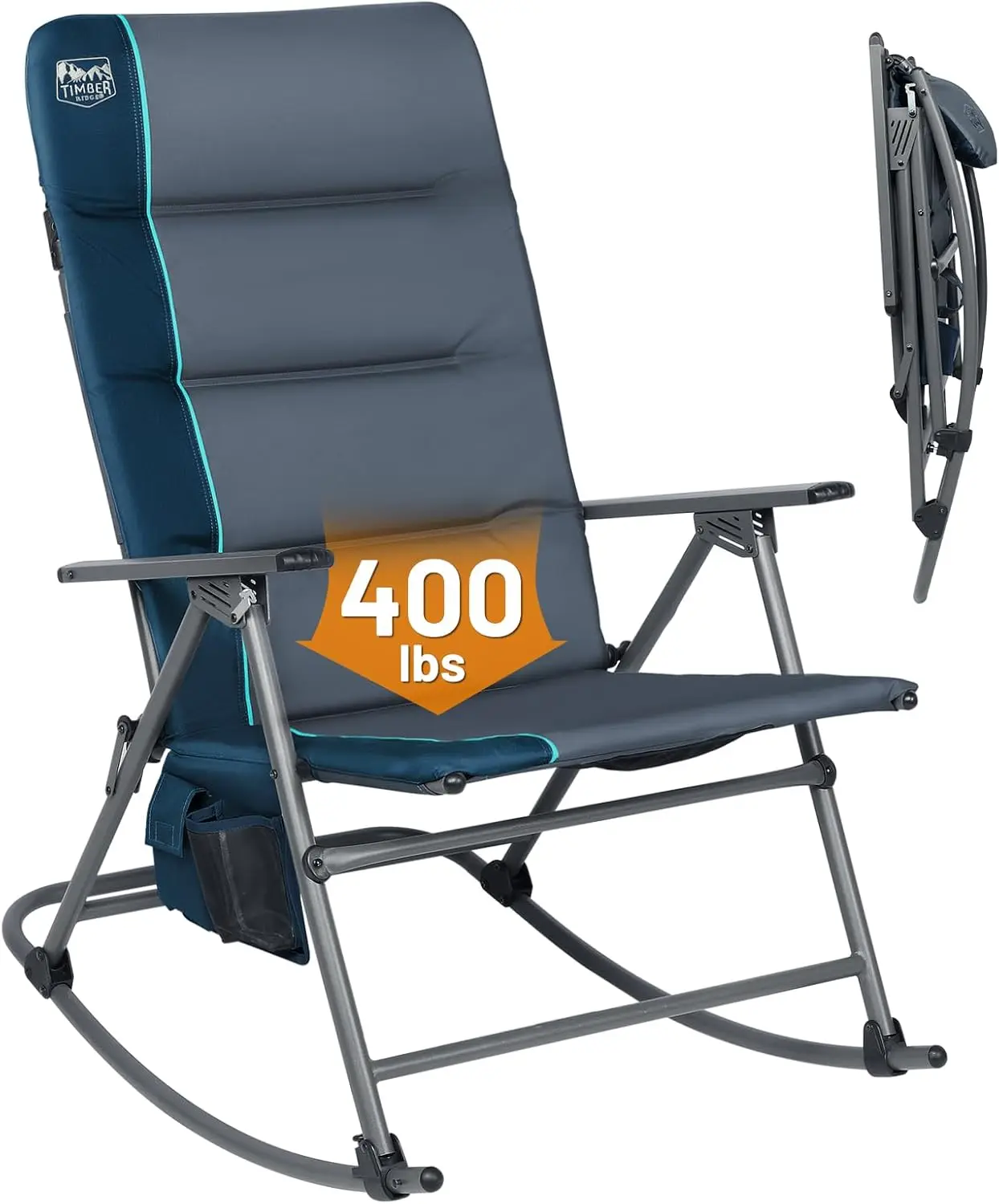 Outdoor Camping, Padded, Blue Folding Rocking Chair, Supports up to 400 lbs