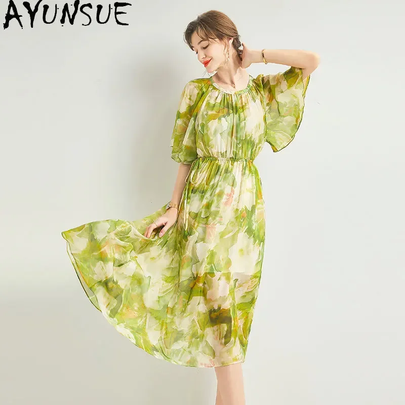 AYUNSUE 100% ผ้าไหมหม่อนแท้ชุดสตรี 2025 Elegantชุดผู้หญิงฤดูร้อนเสื้อผ้าLong Beach Dres Vestido De Mujer