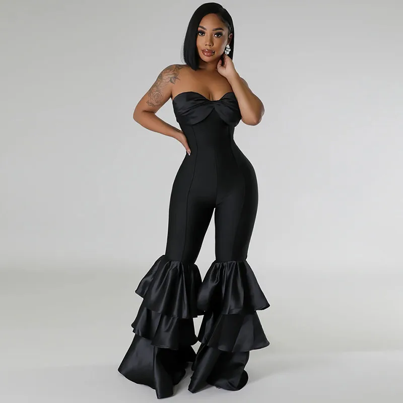 Elegant Sleeveless Backless Jumpsuit Women Nightclub Party Black Strapless Patchwork Ruffles Wide Leg Rompers One Piece Overalls