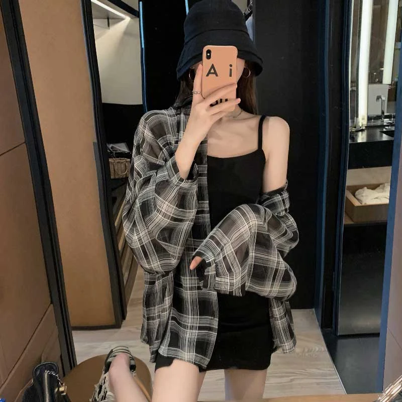 2024 Summer Autumn New Women's Shirt Thin Casual Street Style Shirt Outer Top Checkered Shirt Cardigan Coat for Women