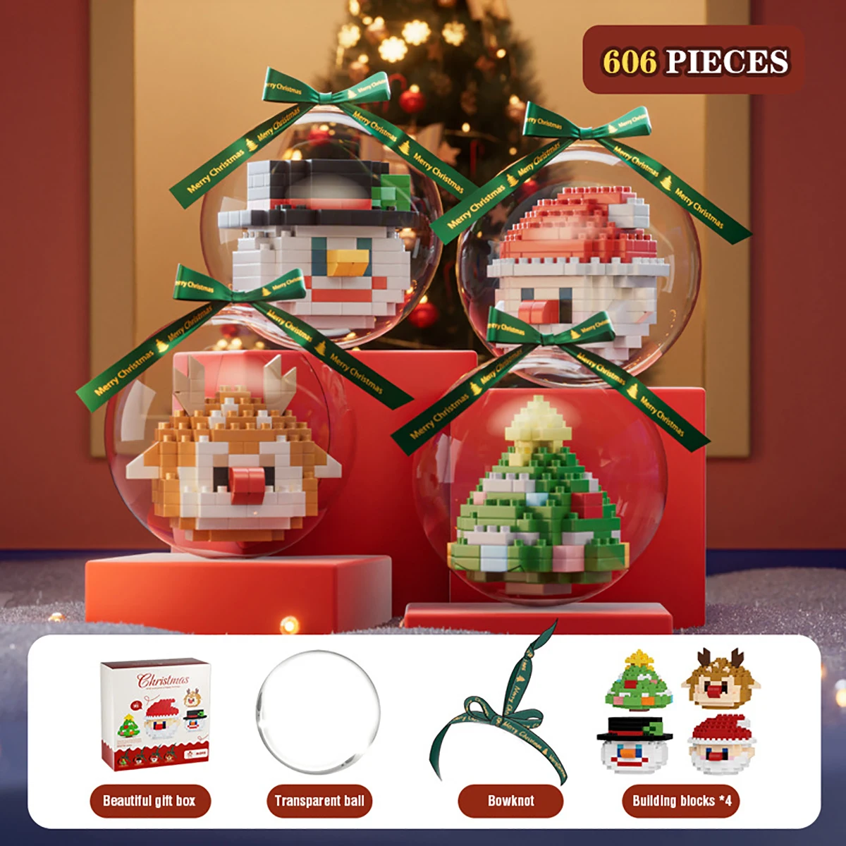 

Christmas Tree Decor Santa Building Blocks Christmas Gift Decorative Ball Pendants Toys Elk Snowman Mini Diy Set for Kids Gift