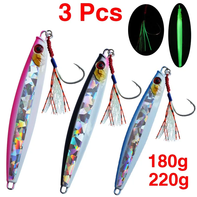 

Glowing Sinking Metal Jig Lure Rubber Skirt Hook Salt Water To Cast Bait 180g 220g Sea Fishing Jigs Metal Jig Fishing Lure