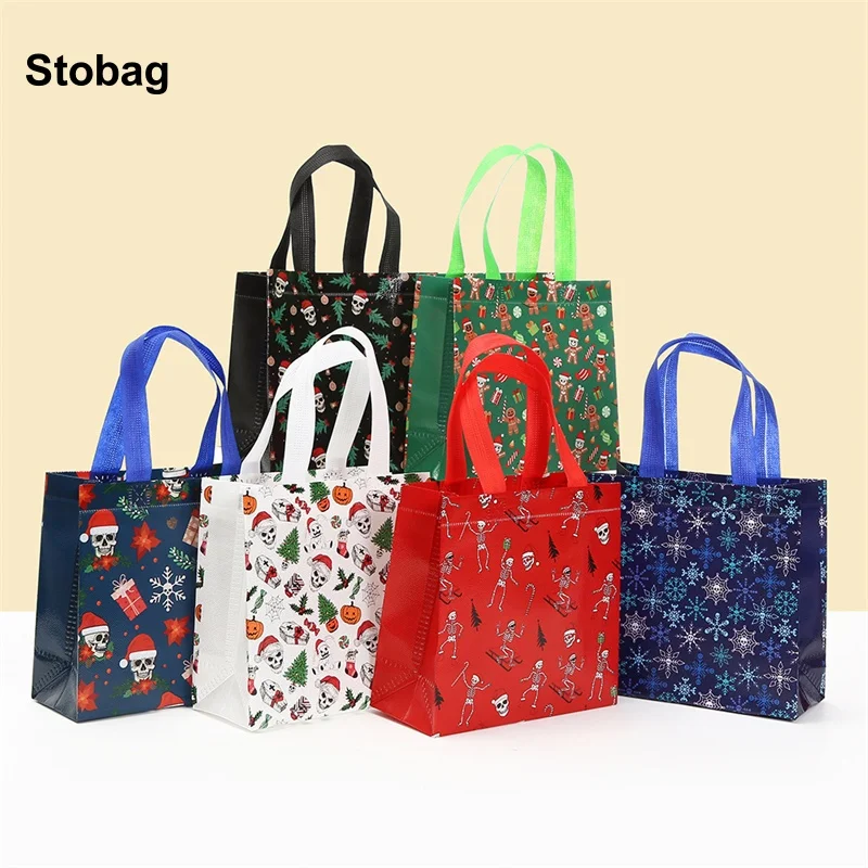 

StoBag 8/20pcs Merry Christmas Non-woven Tote Bag Gift Fabric Kids Packaging Handbag Waterproof Storage Reusable Pouch Party