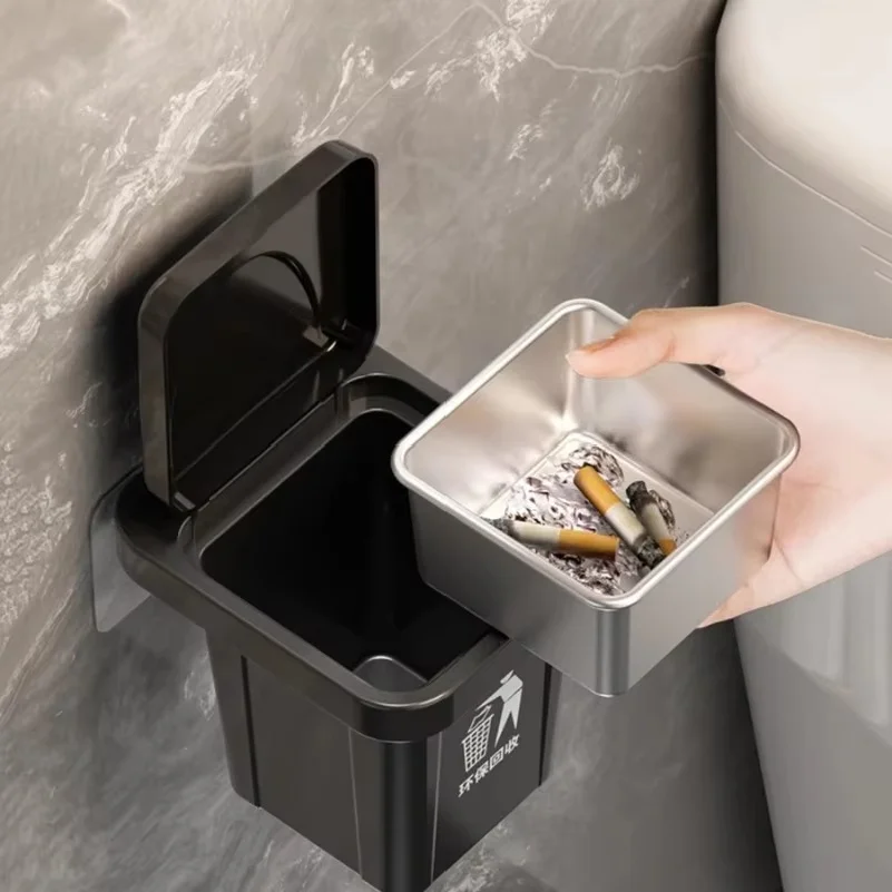 Stainless Steel Wall-hanging Ashtray With Lid Trash Can-shaped Bathroom Living Room Fly Ash-proof Punch-free Bathroom Decoration