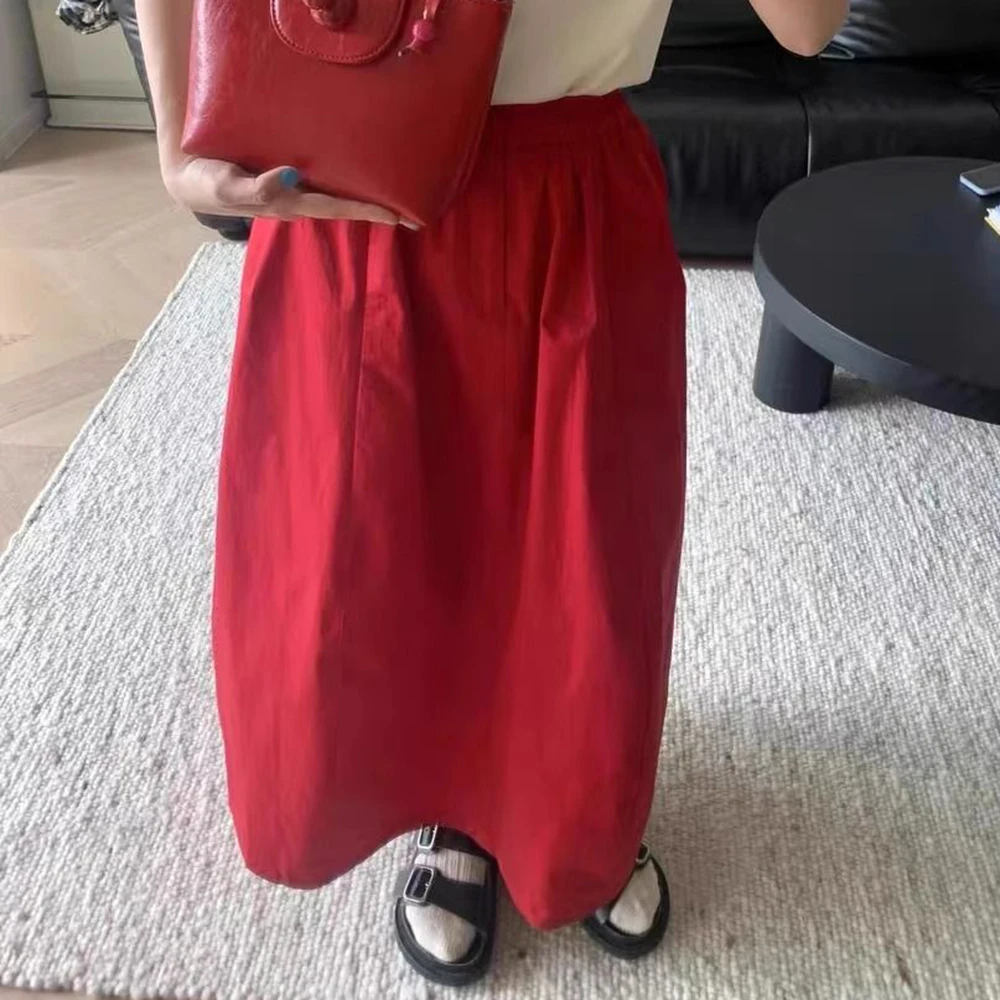 

2025 large size French retro vermilion high waist elastic three-dimensional crisp split bud a-shaped skirt