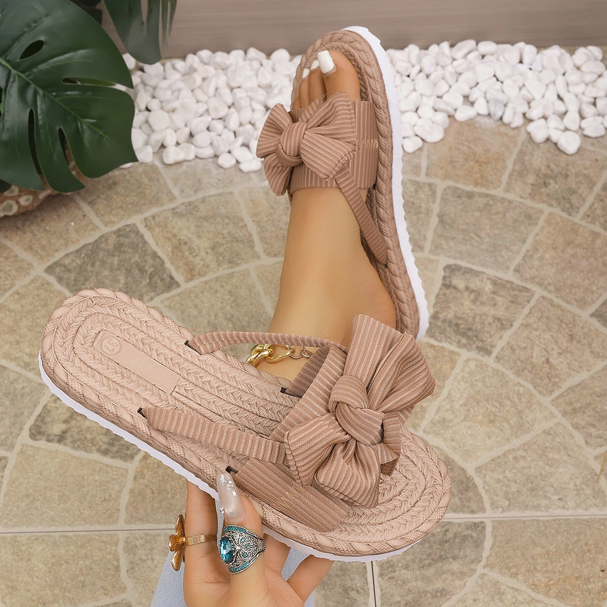 Women Slippers Bowknot  Summer Flat Sandals Rope Sole Casual Beach Slippers Lightweight Holiday Shoes Women Trend Slides Women