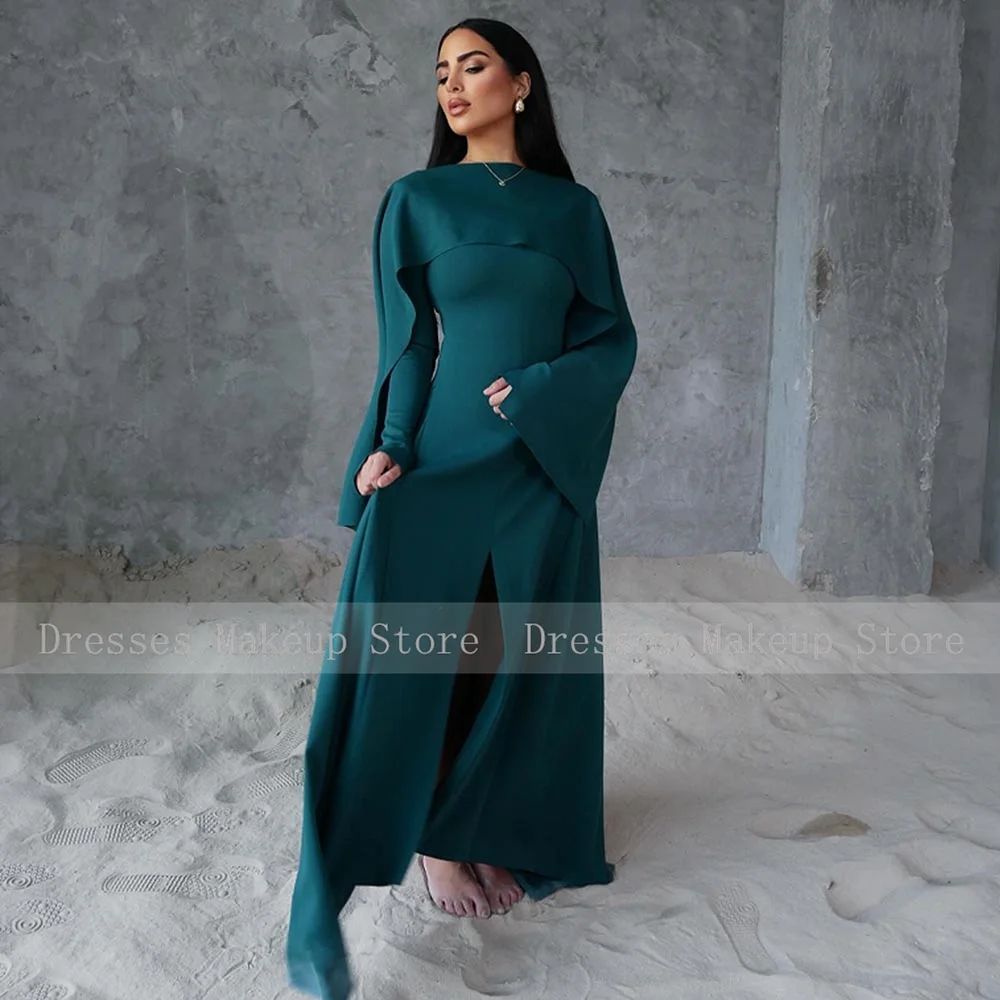 Modest Evening Dress Long Sleeves O Neck Cape Hunter Green Jersey Women\'s Evening Gowns 2024 Elegant Wedding Party Dresses Maxi