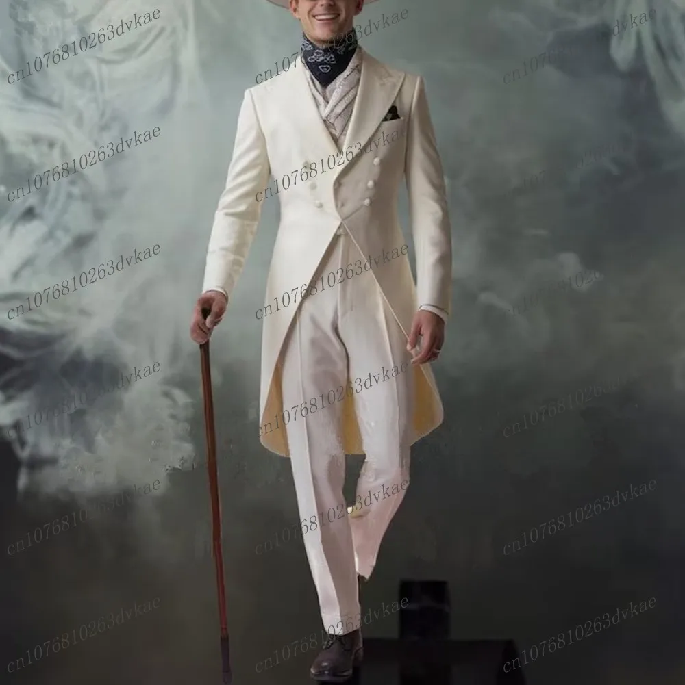 

New White Long Jacket Business Formal Men Suit Groom Groomsman Wedding Party Prom Male Tuxedos 2 Piece Set Blazer Pants
