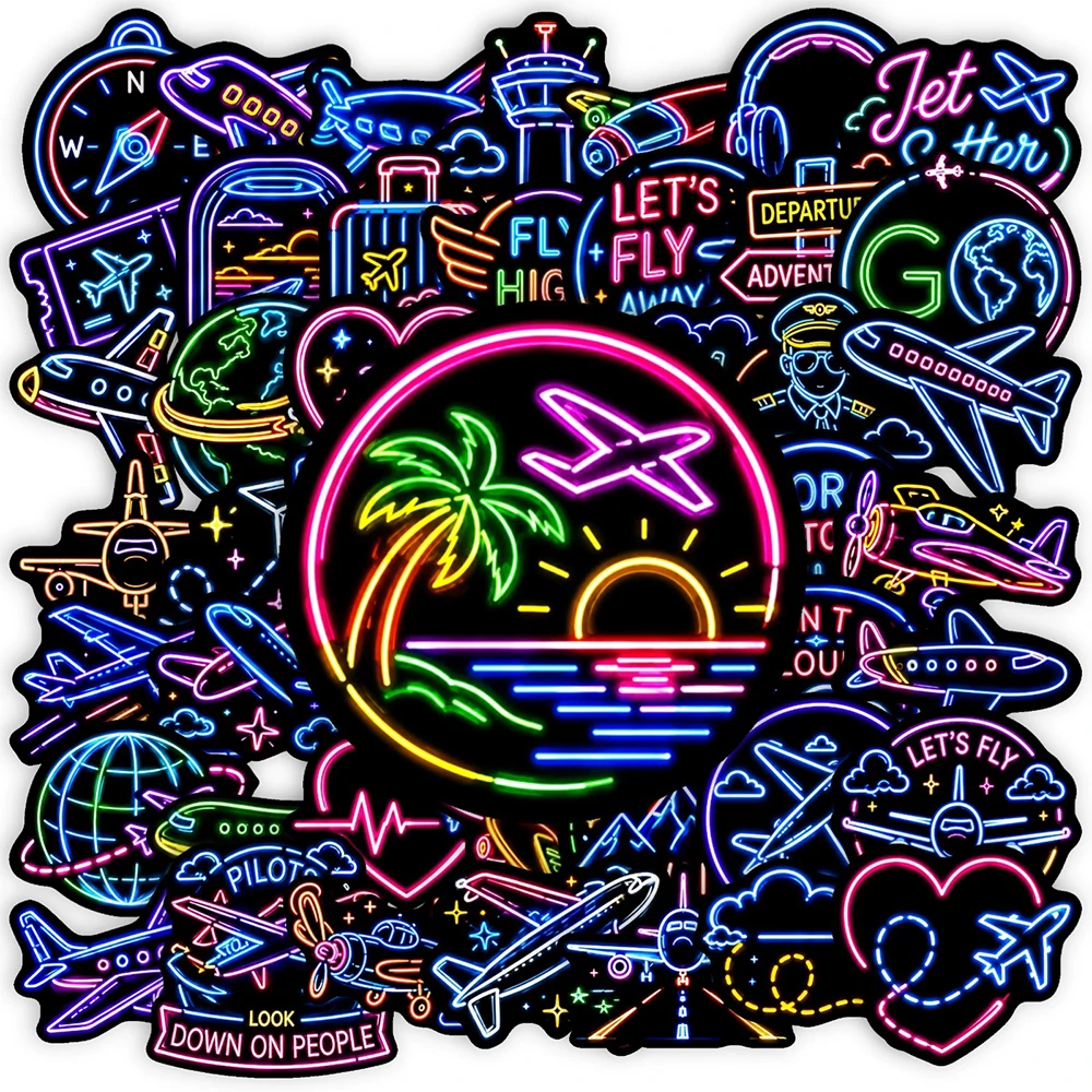 10/30/50pcs Neon Light Cartoon Stickers Funny Airplane Graffiti Decals DIY Scrapbook Helmet Laptop Bike Cute Waterproof Sticker