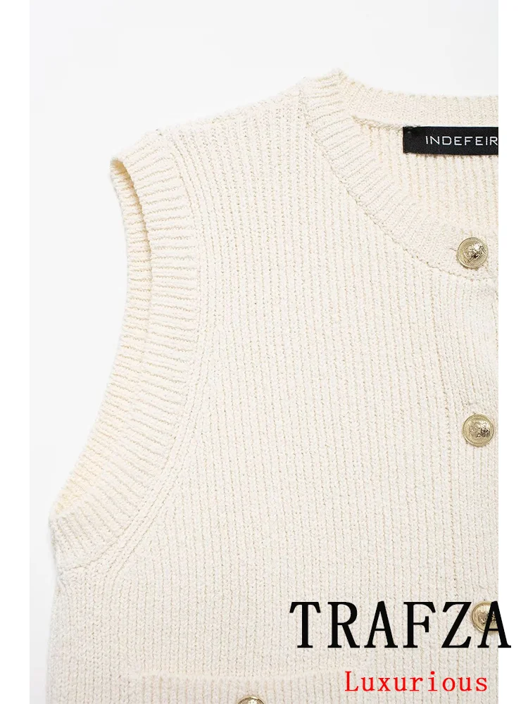 TRAFZA Vintage Casual Vest Solid O-Neck Sleeveless Single Breasted Knitted Buttons Sweaters Fashion 2024 Autumn Female Cardigans