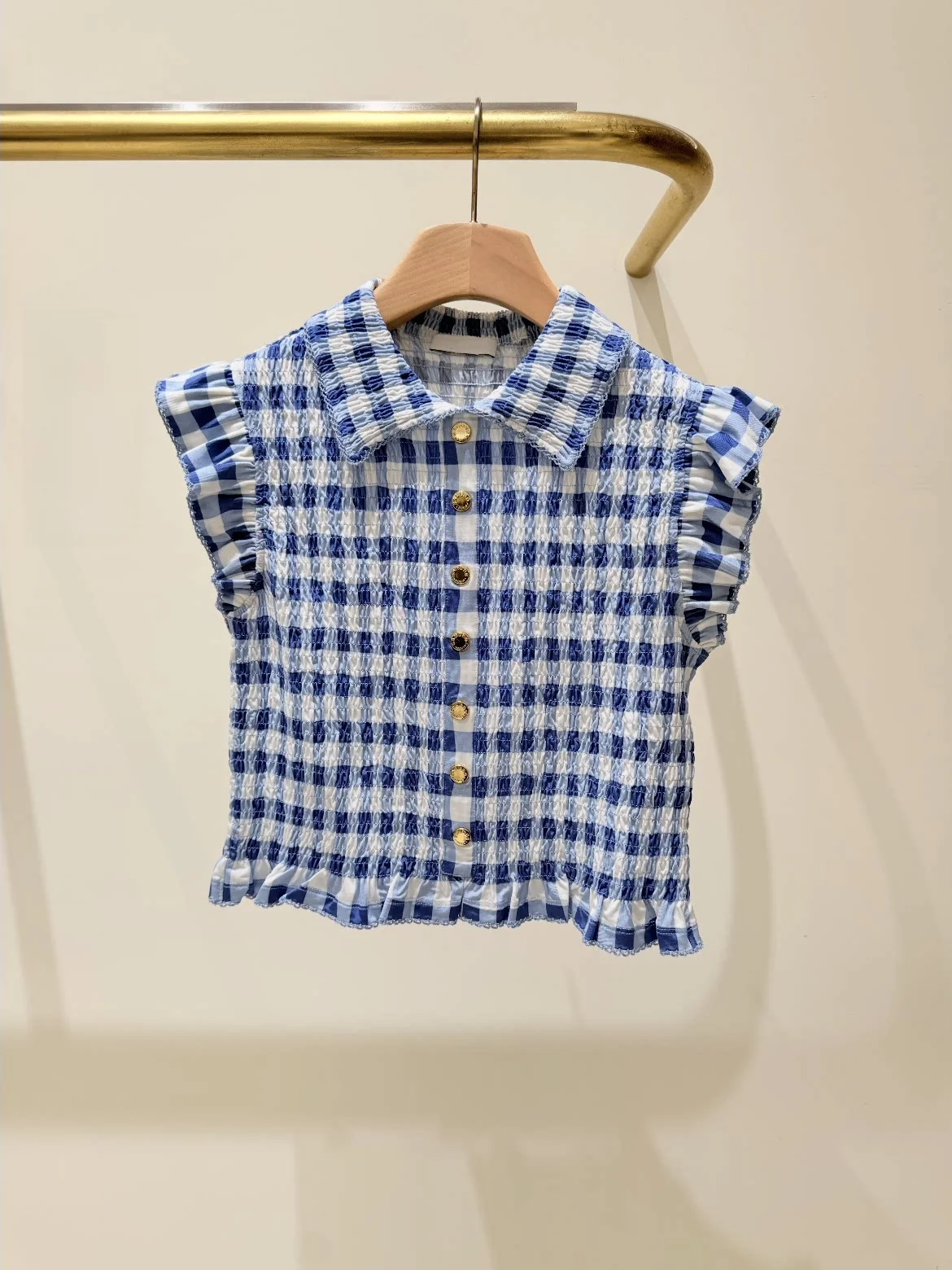 

Blue Plaid Shirt Women's Elegant Style Polyester Fiber Spring 2026 Gathered Waist Black Mushroom Sleeve Shirt Style