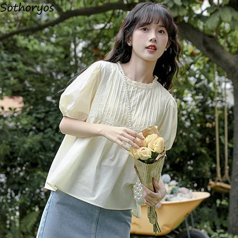 Blouses Women Puff Sleeve Summer Sweet Loose Students Simple Fashion Solid Daily Girlish All-match Korean Style Casual Special