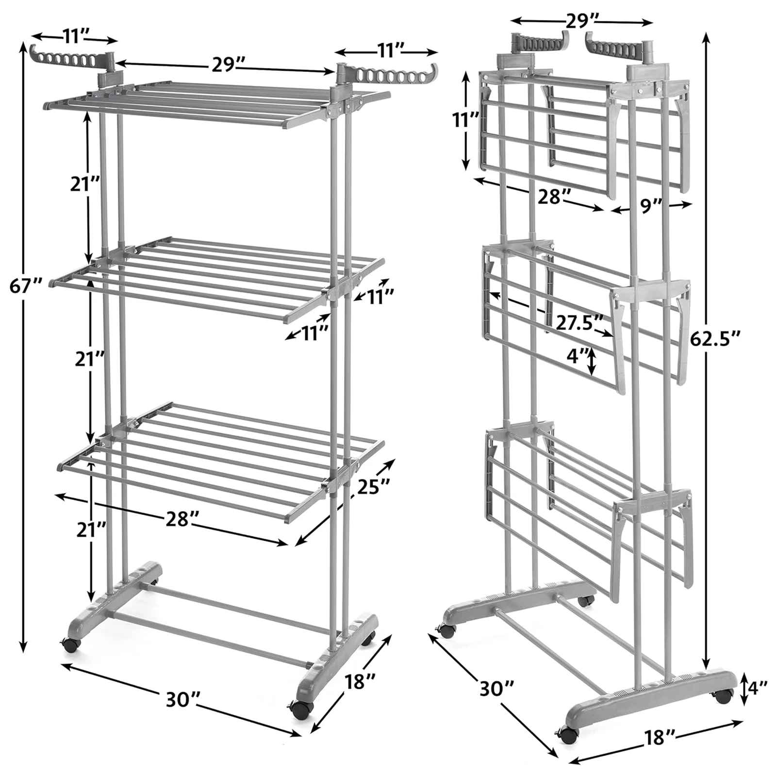 Modern 4 Tiers Metal Clothes Drying Rack Rectangular Folding Rolling Dryer Hanger Free Stand Laundry Organizer Gray For Home