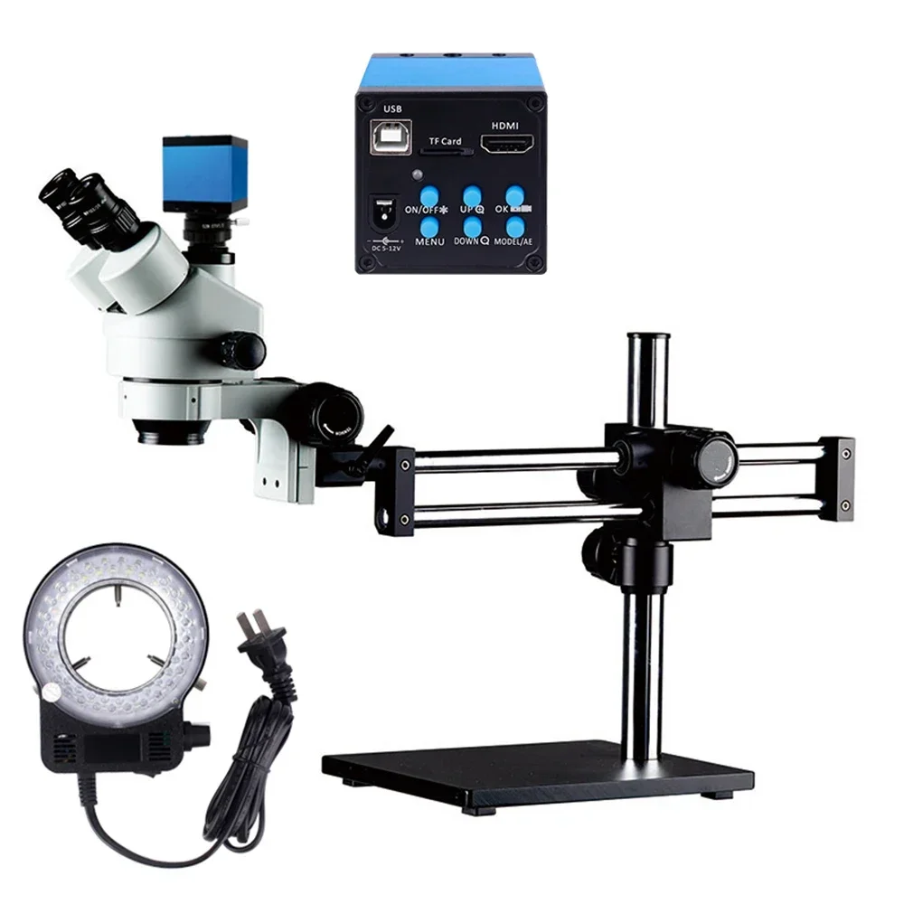 

2025Steady Base Double Boom Stand Microscope 7X-45X Zoom Trinocular Stereo Microscope 16MP Digital Camera LED light Zoom Frame