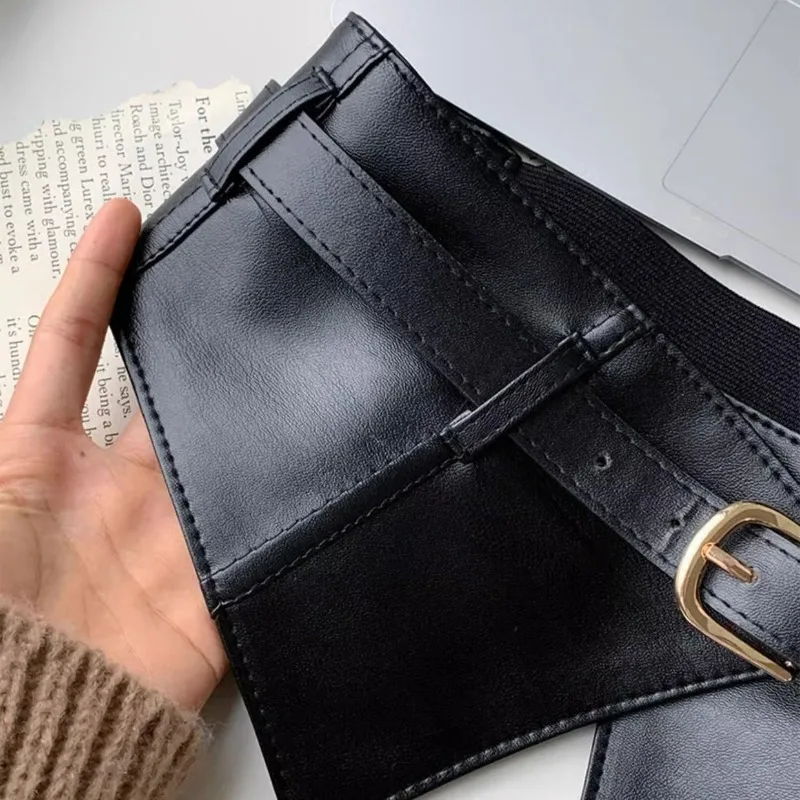 Cintura in vita in PU nera con decorazione semplice super larga da 7 cm, elastica, versatile, con rivestimento per gonna, pratico
