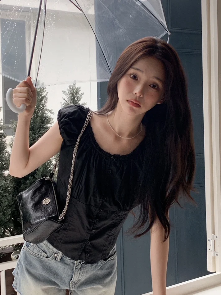 달콤한 스타일 레이스 트림 싱글 버튼 여성 셔츠 반팔 귀여운 탑 여름 패션 여성 프리미엄 품질 패셔너블 블라우스