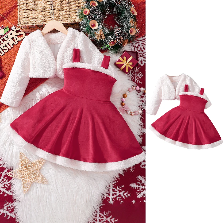 

2 Pcs Girls Christmas Coat Velvet Slip Dress Sets Baby Girl Party Tops Dresses Set Autumn Winter Child Warm Suit Kids Clothes