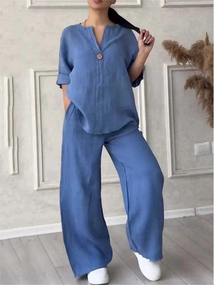 

Модный однотонный хлопковый льняной повседневный брючный костюм женский с длинным рукавом и v-образным вырезом блузка топ широкие брюки комплект из 2 предметов женские повседневные комплекты