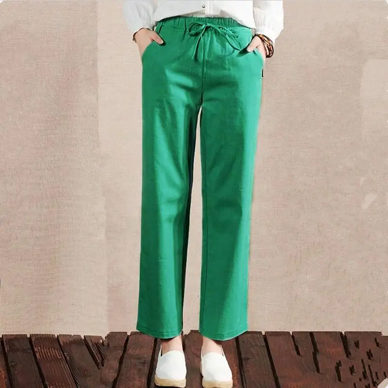 New 2026 Summer Casual Loose Full Pants Spring Five Color Navy Blue Green Solid Elastic Trousers Plus size cotton linen Pant 6XL