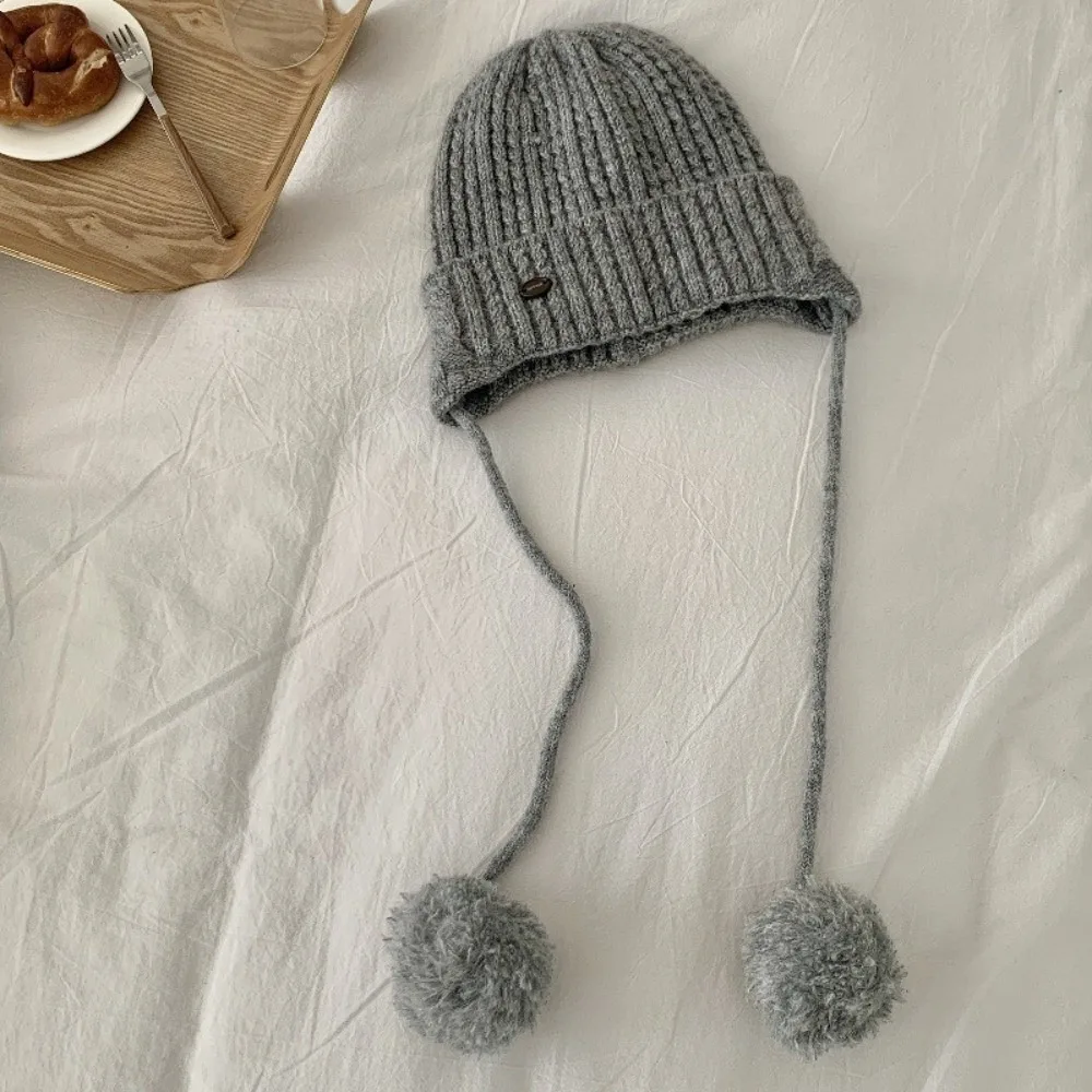 

Japanese Winter Y2k Knitted Cap Thick Windproof Pom-pom Knit Cap Soft Warm Casual Beanie Hats Girls