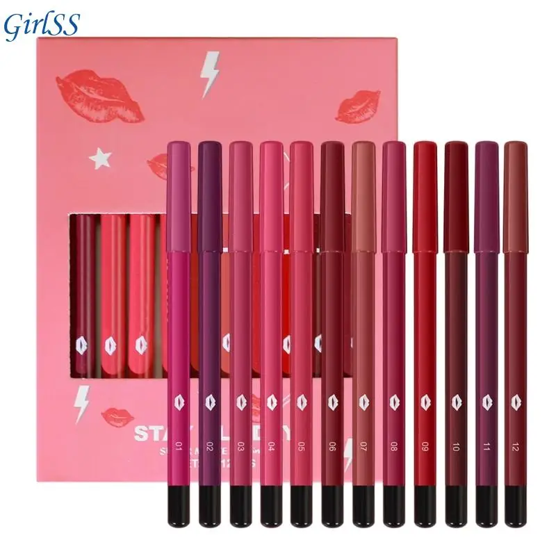 Conjunto lápiz labial 12 piezas con lápiz labial largo duradero.