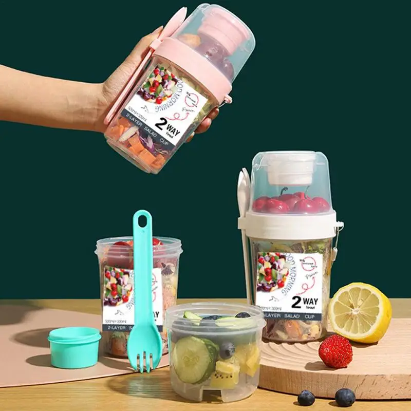 Juego de recipientes de sellado de taza de ensalada de yogur de nueces de cereales de avena de desayuno con tenedor, tapa de taza de salsa, cortadores Bento, tazón cónico de alimentos, fiambrera