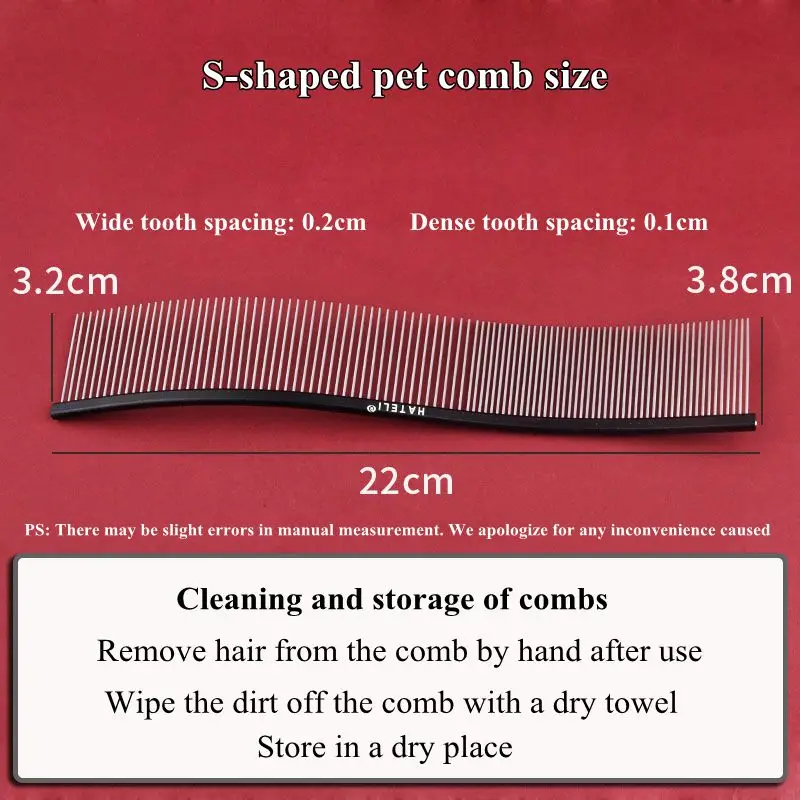 22cm Color Pet Comb Professional Stainless Steel Pet Grooming Comb Dense Sparse Teeth Dog Cat Cleaning Brush Hair Removal Combb