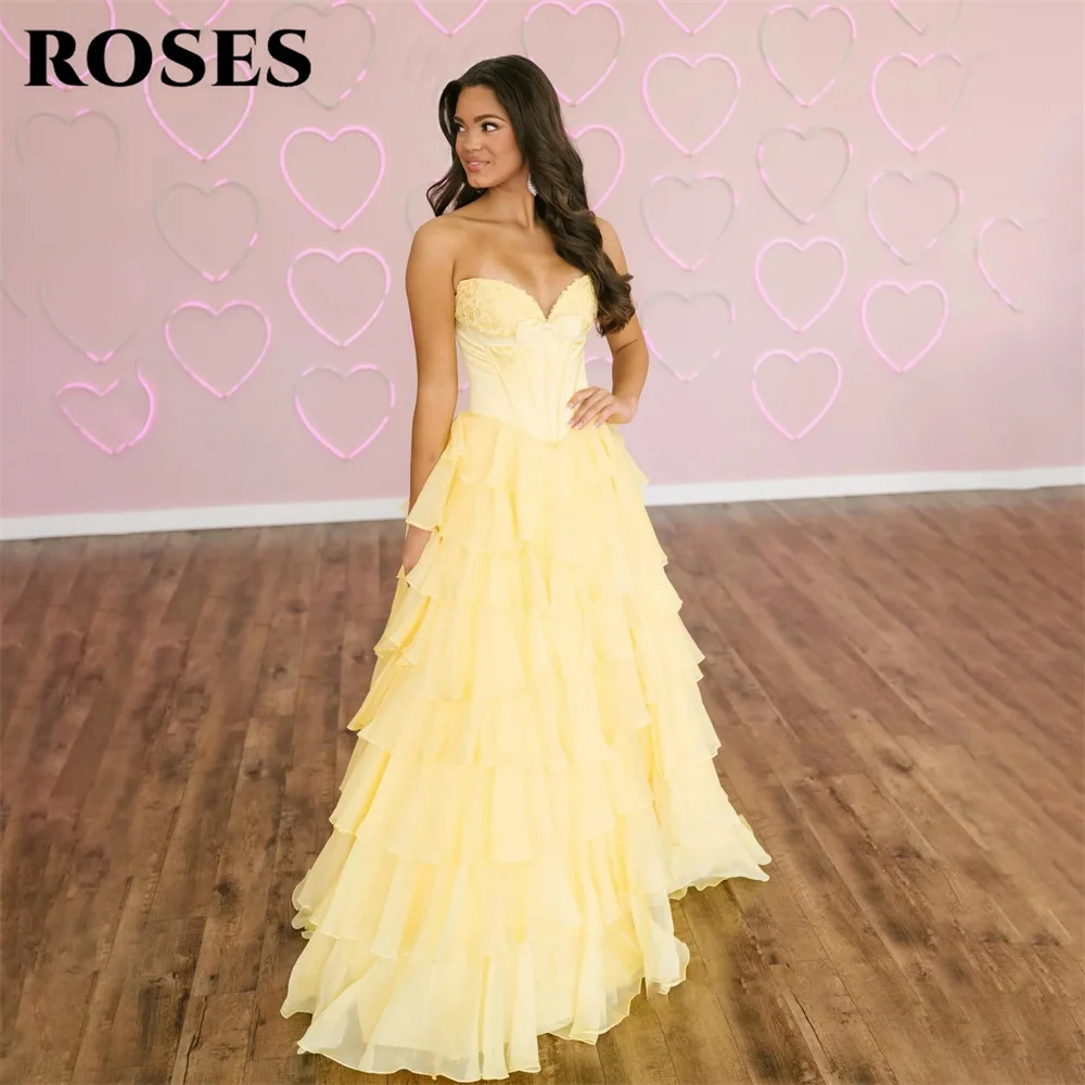 

ROSES Butter Yellow Evening Dress Sweetheart A Line Party Dress with Bow vestidos de fiesta Tiered Tulle Prom Gowns Customized
