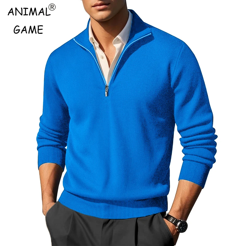 

Animal Game Men's Zippet Pullover Casual Cardigan Sweater Solid Knit Outerwear Warm Woolen Sweaters Thick Heavyweight Streetwear