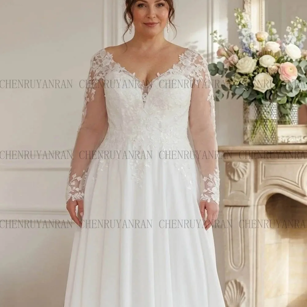 Simple Plus Size Wedding Dresses For Bride Chiffon V-neck A-Line Bridal Gowns Long Sleeve Lace Applique Brides dress Customized