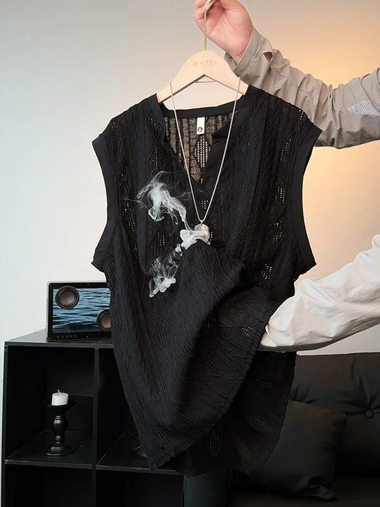Black Casual Loose Men's Vest Summer Trendy Brand Sleeveless V-neck Hollow out Knitted Breathable Youth Popular Daily Wear
