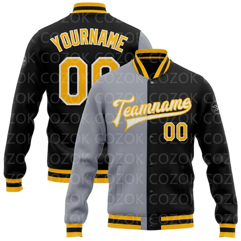 Chaqueta con botones de béisbol con estampado 3D de mezcla gris personalizada, chaqueta Bomber Full-Snap Varsity Letterman