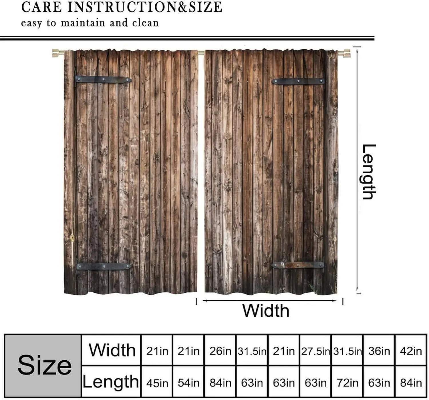 Antique Rustic Barn Door Curtains, Worn Wooden Board Metal Hinge Farm Retro Print Drapes for Bedroom Farmhouse Living Room Decor