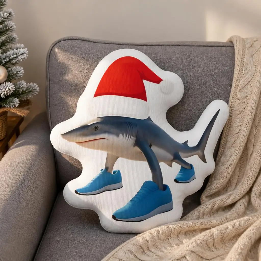 Santa Hat Tralalero Tralala Shark Shaped Pillow Christmas Cushion Stuffed Throw Pillow for Sofa Holiday Home Decor Gift
